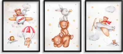 Zdjęcie produktu dla Plakaty dla dzieci Miś i Królik samolot Obrazy do pokoju dziecięcego 30x40