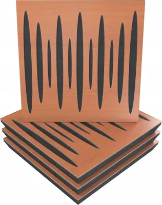 Produktbild von 4 Stück AKUSTIK-WANDPANEELE mit Montageset | "PULSAR" 50x50x5cm | Absorption und Diffusion | Farbe: Kirschbaum