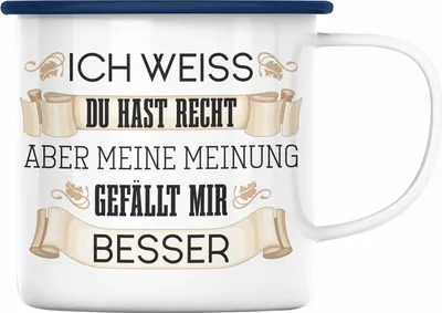 Produktbild von Trendation - Lustiges Geschenk für Männer Frauen Emaille Tasse Besserwisser Geschenkidee Lustige Emaille Tasse mit Spruch (Blau)