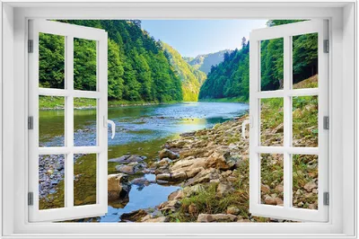 Produktbild von Wallario Wandbild mit Fenster-Illusion: Fluss in den Bergen an steinigem Ufer, Größe: 61 x 91,5 cm, Poster mit weißem Aluminiumrahmen