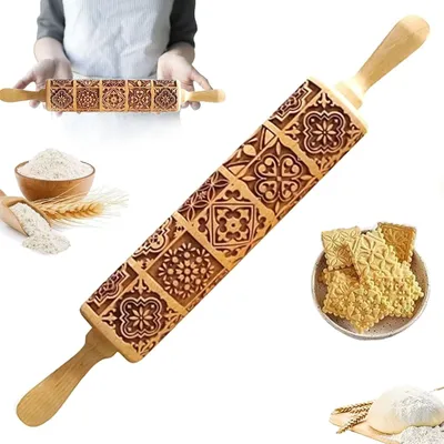 Obrázek produktu pro Dřevěná váleček na těsto s 3D reliéfem, vhodný na sušenky, pizzu a fondant