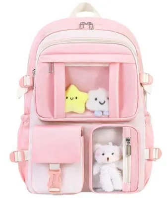 Produktbild von Kawaii Rucksack für Mädchen mit Bär-Anhänger, rose, 43x30x13 cm