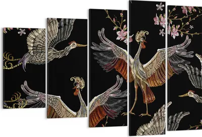 Produktbild von Bild auf Leinwand - Leinwandbild - 5 Teile - Asiatisch Vögel Verziert - 150x100cm - Wand Bild - Wanddeko - Wandbilder - Leinwanddruck - Bilder - Wanddekoration - Leinwand bilder - EG150x100-4556