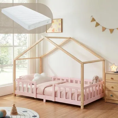 Image de Lit bébé "Treviolo" avec matelas et barrière de sécurité, dimensions 90x200 cm, couleur rose/naturel