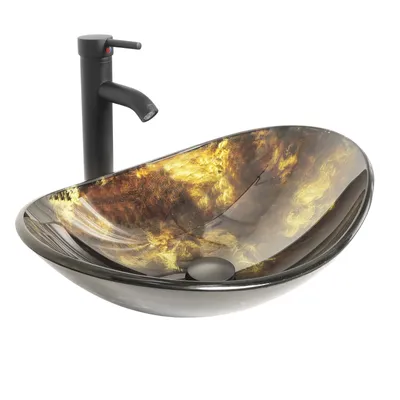 Produktbild von Puluomis Waschbecken Glas Aufsatzwaschbecken Waschschale Oval mit Wasserhahn Ablaufgarnitur Schwarz Gelb