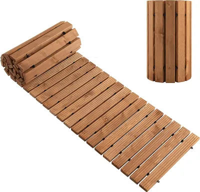 Produktbild von GOPLUS 2,4 m Langer Gartenweg aus Holz, wetterbeständiger gerader Gehweg mit stabilem Stahldraht und rutschfesten Mustern, aufrollbarer Tannenholzsteg