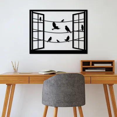 Immagine prodotto di Wallity, Uccelli davanti alla finestra - 1, Accessorio decorativo da parete in metallo, 100 % METALLO, Nero, 70 x 53 cm