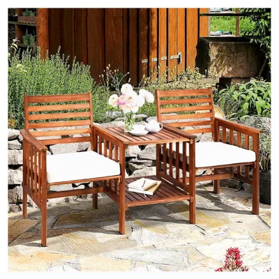 Produktbild von Gartenbank aus Holz mit Tisch, 2-Sitzer Holzbank für den Außenbereich mit Kissen, Sitzbank für den Garten mit Schirmloch, Friesenbank bis 350 kg belastbar, Terrassenbank für Balkon und Terrasse 165 x 65 x 88 cm