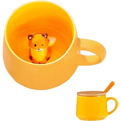Produktbild von Keramiktasse mit Deckel und Löffel Fuchs 3D Design für Kaffee & Tee
