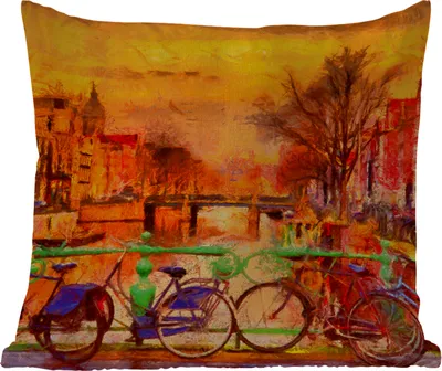 Produktbild von MuchoWow® Outdoor Kissen - Gemälde - Fahrrad - Amsterdam - Gracht - Öl - 50x50 cm - Wetterfest - Lounge Kissen - Komfortabel - Kissen mit Bild