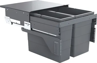 A pull-out kitchen waste bin system with two compartments.
