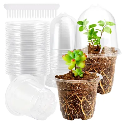 Produktbild von 20 Stück transparente Anzuchttöpfe aus Kunststoff, 9 cm, mit Deckel und Pflanzenschildern für Samen und Setzlinge