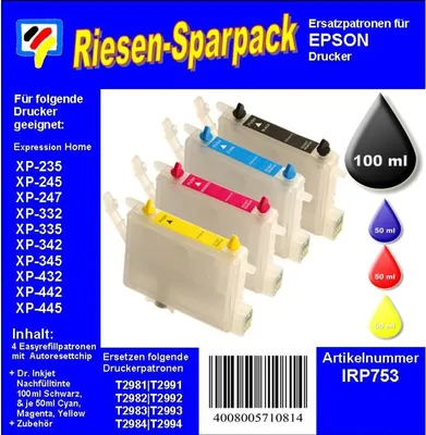 Produktbild von CISS / Easyrefillpatronen ersetzen T29 + T29XL Multipack mit 4 Patronen und 250ml Dr.Inkjet Premium Nachfülltinte