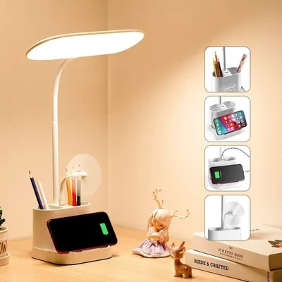 Produktbild von Schreibtischlampe, 60 LEDs, helle, batteriebetriebene Tischlampe, kabellos mit 3 Farben, 10 Helligkeitsstufen, dimmbarer 2400-mAh-Akku, USB-Anschluss, wiederaufladbare Kinderschreibtischlampe