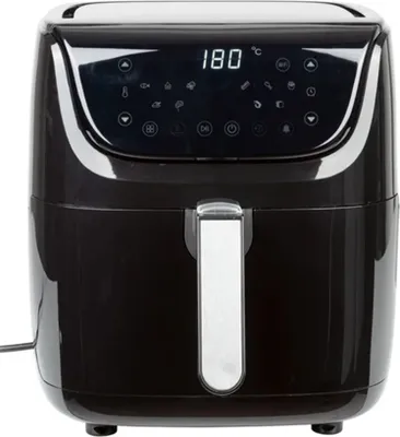 A black air fryer with a digital display and a silver handle.