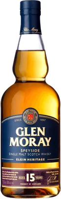 A bottle of Glen Moray 15 Years Speyside Single Malt Scotch Whisky.