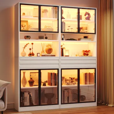 Immagine prodotto di Vetrina Merax, set di 2 pezzi con illuminazione LED controllabile tramite app, mobiletto vetrina con 4 ante in vetro, libreria con 1 cassetto, mobile espositivo per soggiorno, bianco