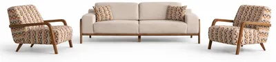 Produktbild von Wohnzimmer-Set Sessel 3-Sitzer-Sofa Beige Holzrahmen Weiche Armlehnen