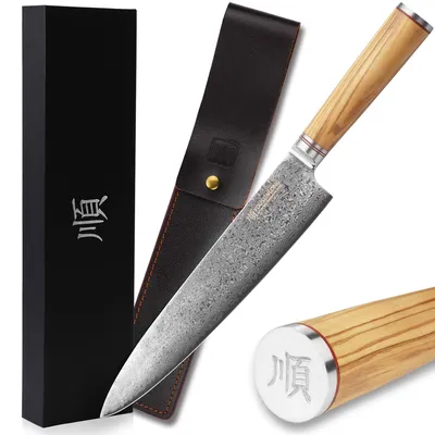 Image de Couteau de cuisine japonais en acier damas avec manche en bois