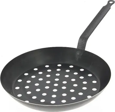 A black perforated pan with a short handle, shown against a white background.