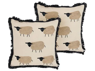 Zdjęcie produktu dla BELIANI 2 poduszki beżowa bawełaniane 45 x 45 cm nowoczesna minimalistyczna z wypełnieniem ozdobna wzór w owce
