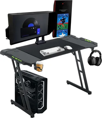 Produktbild von Schreibtisch Gaming Tisch 140x60cm Höhenverstellbar Gamingtisch mit LED & Kabelloch & Kopfhörerständer & Tassenhalter, Kohlefaserplatte Ergonomischer PC Computertisch