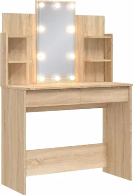 A light brown vanity table with a large illuminated mirror and shelves.