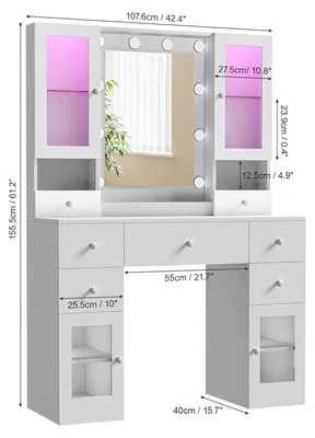 Zdjęcie produktu dla Stolik kosmetyczny – toaletka ze lustrem – 3-kolorowe oświetlenie LED – regulowana jasność – 5 szuflad – 4 półki – biały