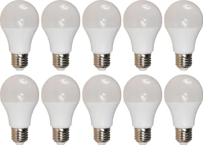 A top-down view of ten white LED light bulbs arranged in two rows of five on a white background.