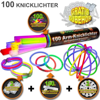 Produktbild von 100 Bunte Arm-Knicklichter 8 Farben incl. 100 TopFlex, zwei 3fach und 2 Ballverbinder – e Qualität aus DE