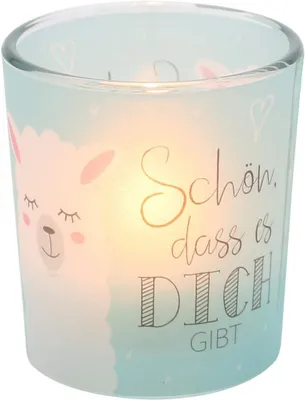 Productafbeelding van Windlicht glas met motief op een transparante banderol, incl. 1 theelichtje, H/Ø: 6,5 x 6 cm, motief: Beautiful DASS es Dich gibt