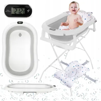 Produktbild von Primabobo Faltbare Babybadewanne Premium mit Gestell, Badekissen, Thermometer, Baby Badewanne klappbare, Babywanne mit Ständer für Babys, Grau