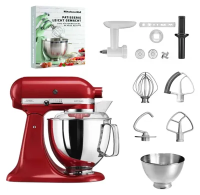 Produktbild von KitchenAid 4,8 L 5KSM175 Artisan Küchenmaschine Pastrylover mit Kunststofffleischwolf+Spritzgebäckvorsatz und Patisserie Buch Empire Rot