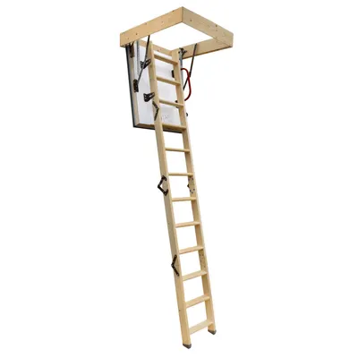 A wooden attic ladder extended from an attic opening.
