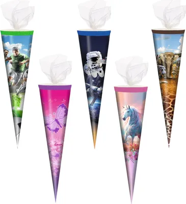 Produktbild von 5x Schultüte / Zuckertüte / 35cm / mit Tüllverschluß / 5 Motive sortiert