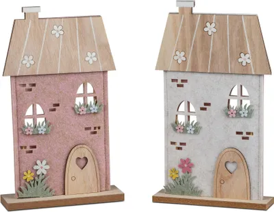 Produktbild von 2er Set Dekoobjekte Häuser mit Blumen H. 31cm grau rosa aus Filz Formano F26