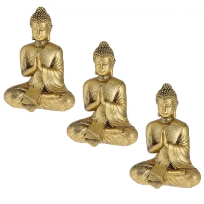 Produktbild von 3er Set Sitzender Buddha Figur aus Polyresin Gold Höhe 17 cm Deko Budda Skulptur Dekofigur Wetterfest