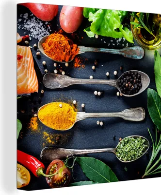 Produktbild von MuchoWow® - Leinwandbilder - Kräuter - Löffel - Küche - Gewürze, Wandbild, Wanddeko Bilder Wohnzimmer, 50x50 cm