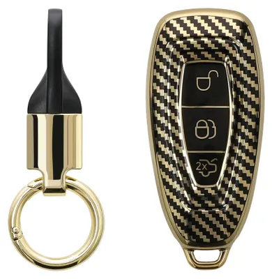Produktbild von kwmobile Autoschlüssel Hülle kompatibel mit Ford 3-Tasten Autoschlüssel Keyless Go Hülle - Schlüsselhülle mit Key Ring Anhänger - Cover Gold Schwarz
