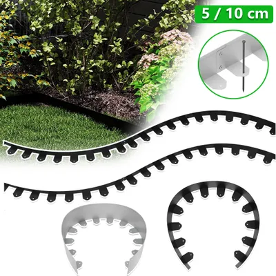 A collage showing garden edging in use and as separate pieces, with a close-up of how it is installed.