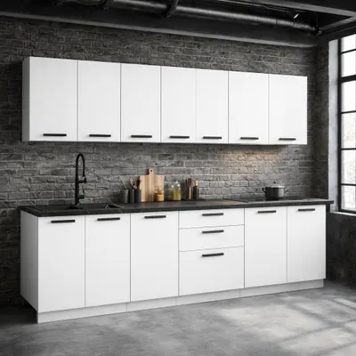 Produktbild von ULWEHOME | Küchenzeile 260 cm Mattweiß, Küchenmöbel-Set mit Arbeitsplatten 2,6 m, Küchenblock, Spülenschrank, Schubladenschrank, Oberschränke