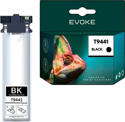 A product shot of an ink cartridge and its packaging.