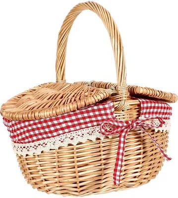 Obrázok produktu pre Unyqoos® Rustikálny piknikový košík z prútia s červeným kockovaným vzorom a vložkou