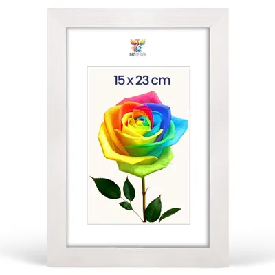 Produktbild von MG Design Bilderrahmen 15 x 23 cm - Fotorahmen mit Weiß Holzrahmen (Echtholz) und bruchsicherem Acrylglas, Hoch & Quer zum Aufhängen, zum Aufstellen