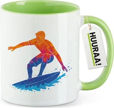 Produktbild von Huuraa Kaffeetasse Surfen bunte Silhouette 330ml Grün Keramik Kaffeebecher Geschenkidee