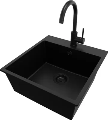 Produktbild von PRIMAGRAN Granitspüle Alles Schwarz 48x50cm, Spülbecken 1 Becken + Küchenarmatur 32x20cm + Ablauf-Set, Küchenspüle ab 50er Unterschrank - Riga