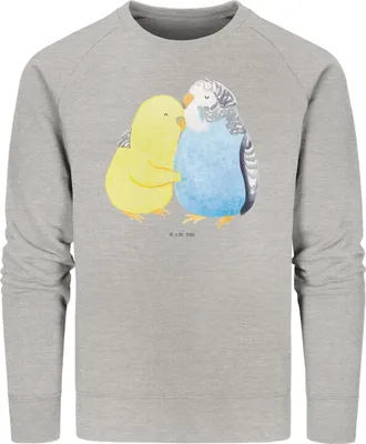 Produktbild von Mr. & Mrs. Panda Baumwoll Pullover Wellensittich Liebe Größe XL - Heather Grey - Geschenk, Kuscheln, Verknallt, Freundin, Vögel, Sweatshirt, Sweater, Pulli, Umarmung, Bio
