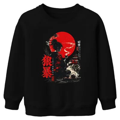 Productafbeelding van Japanse ge, kimono, Japan, Y2K, sakura, sumi-e, zen, kinder sweatshirt, trui, zwart, maat 140