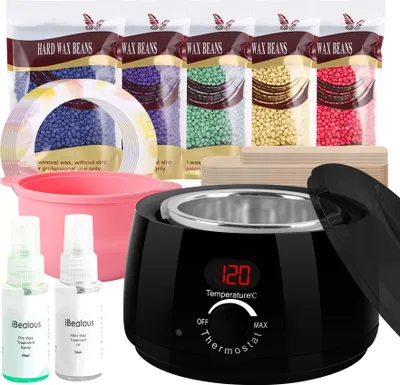Produktbild von Forever Wachswärmer Waxing Set Digital mit 500g Wachsbohnen 1 Silikonschale 2 Flaschen 30 Holzspateln,Wax haarentfernung gesicht Körper schwarz