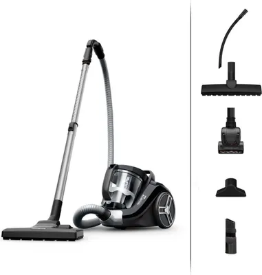 A vacuum cleaner and its accessories are displayed against a white background.